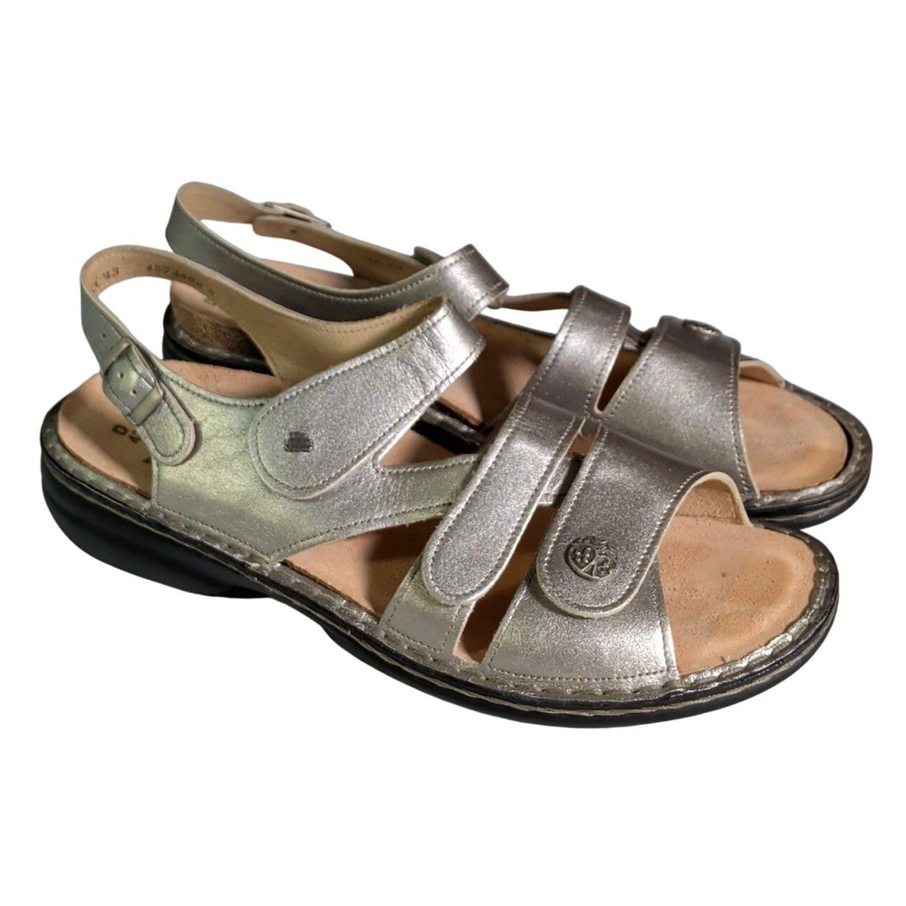 Finn Comfort Gomera Sandals Womens 12 EU 43 D Silver Leather Buckle Straps Boho